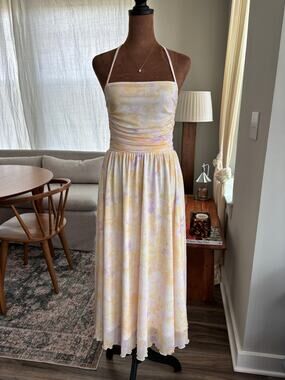Pastel Watercolor Floral Mesh Halter Midi Dress Ruched Summer Girly Whimsy Small